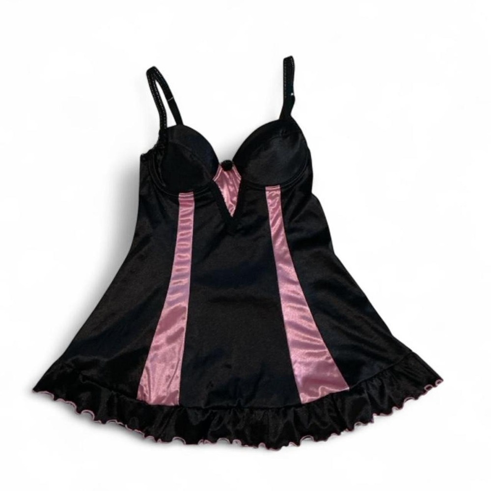 Vintage Rampage Babydoll Chemise Womens Small Black Pink Satin Ruffle Cutout